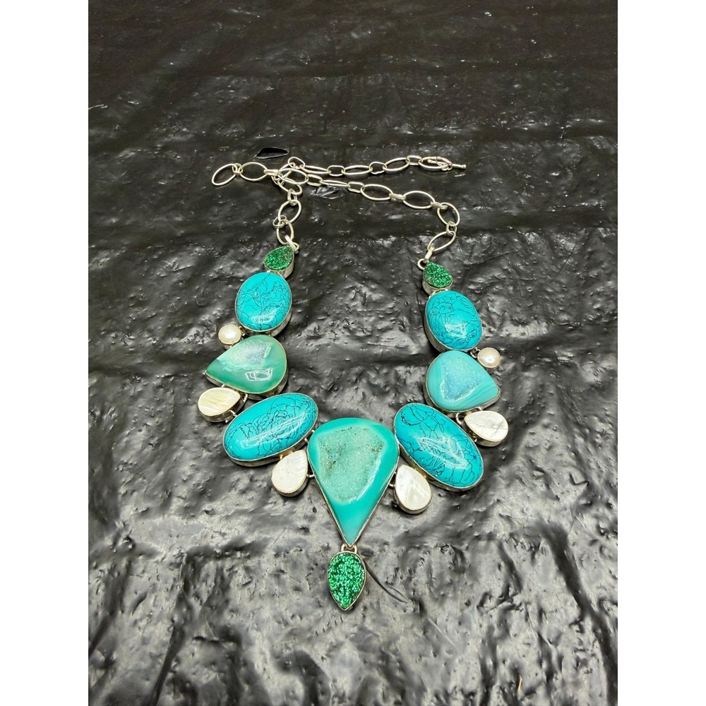 Vintage 925 Sterling Silver Turquoise Green Druzy Statement Bib Necklace Boho